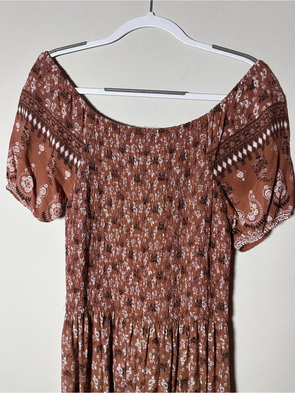 Boho Floral Smocked Maxi Dress XL Off Shoulder Puff Sleeve Peasant Cottagecore - Picture 3 of 8